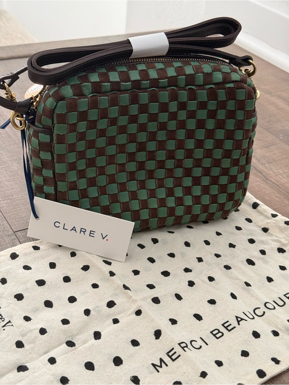 Clare V Brown and Green Woven Checkerboard Crossbody - Picture 4 of 12